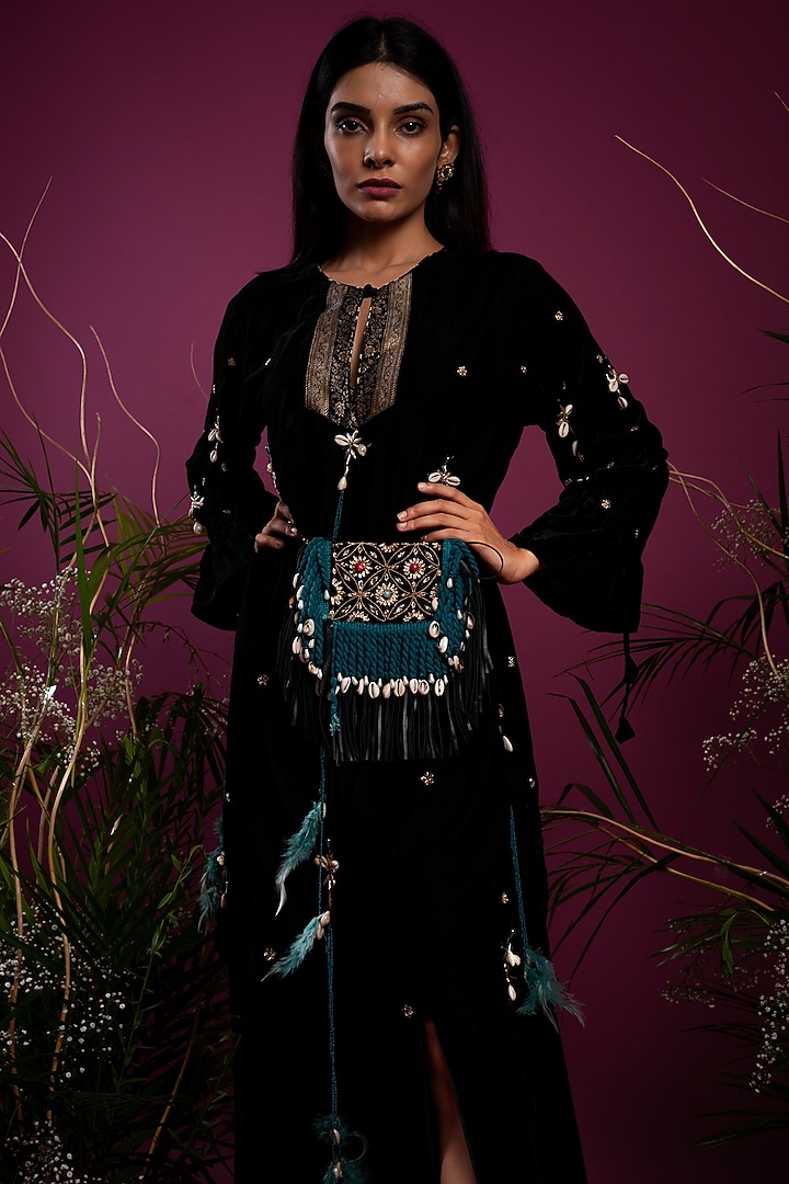 Black Velvet Tunic With Slit Pants by Tara Thakur at Pernia's Pop Up Shop