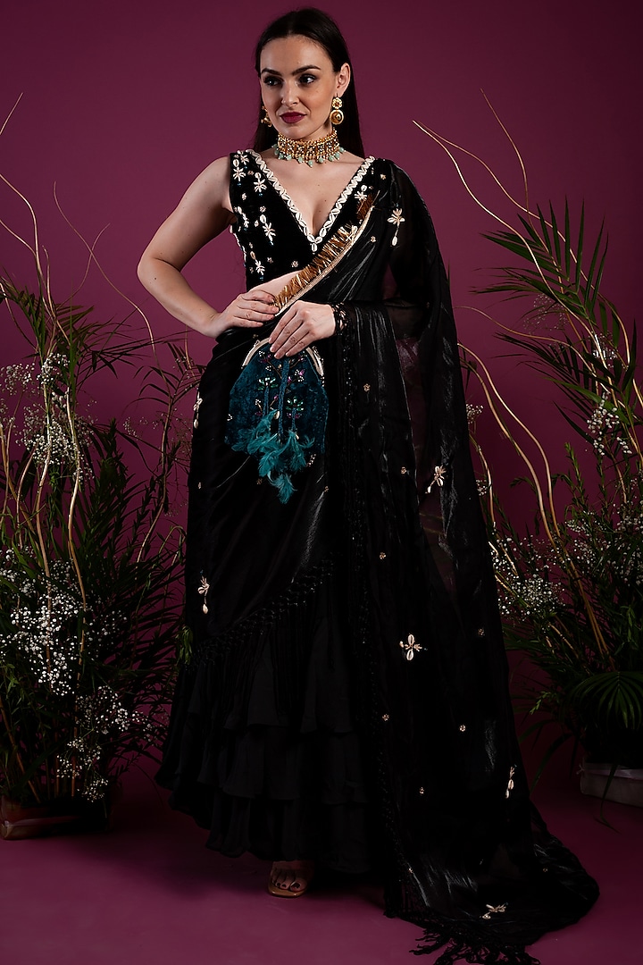 Black Draped Saree Gown by Tara Thakur