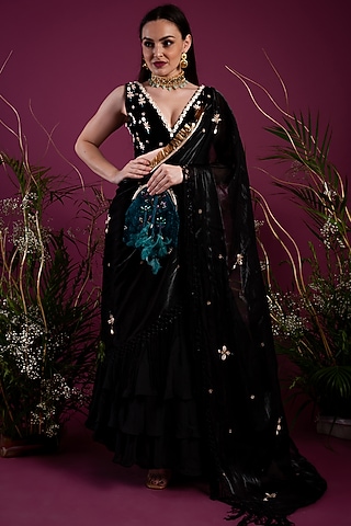 Black Draped Saree Gown by Tara Thakur