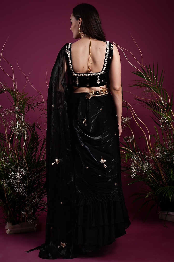 Black Draped Wedding Saree Gown by Tara Thakur at Pernia's Pop Up Shop