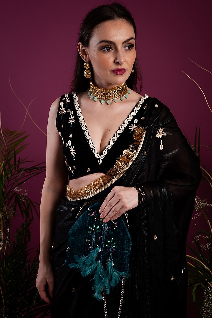 Black Draped Wedding Saree Gown by Tara Thakur at Pernia's Pop Up Shop