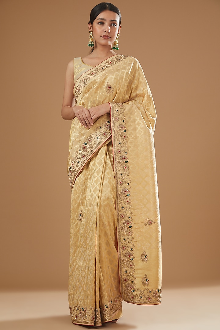 Beige Banarasi Tissue Embroidered Saree by TATWAMM Couture