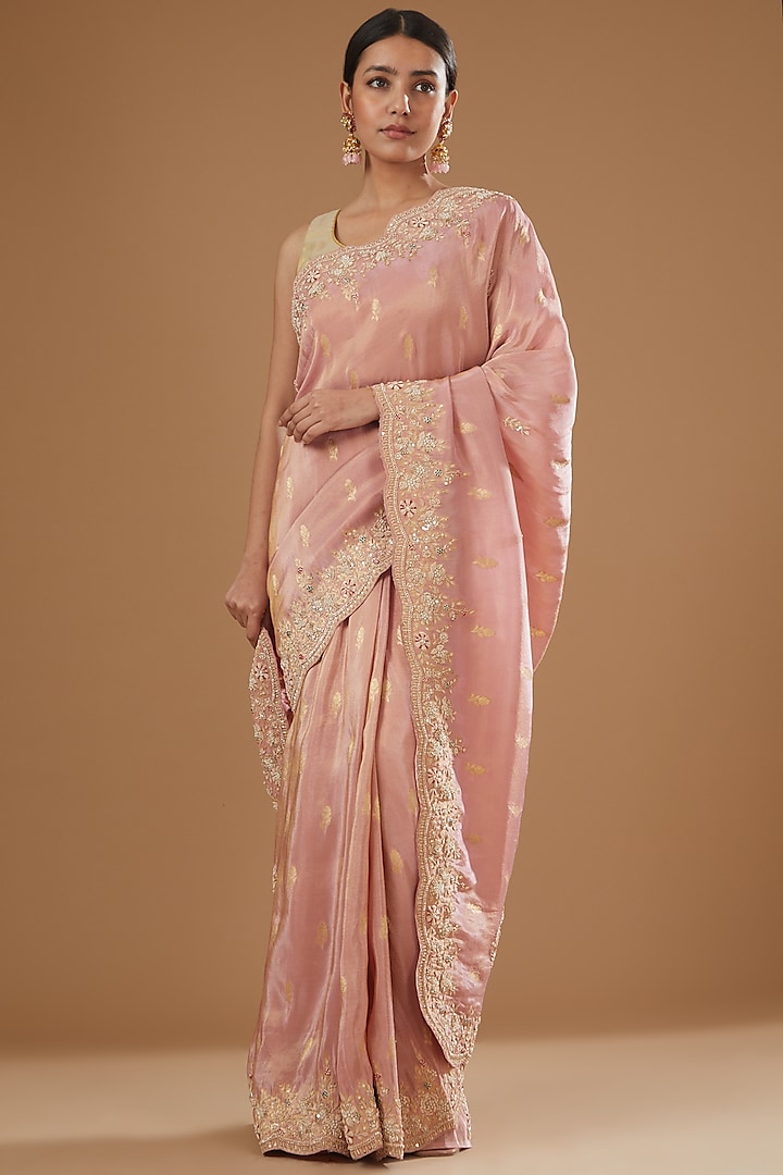 Blush Pink Banarasi Tissue Embroidered Saree by TATWAMM Couture