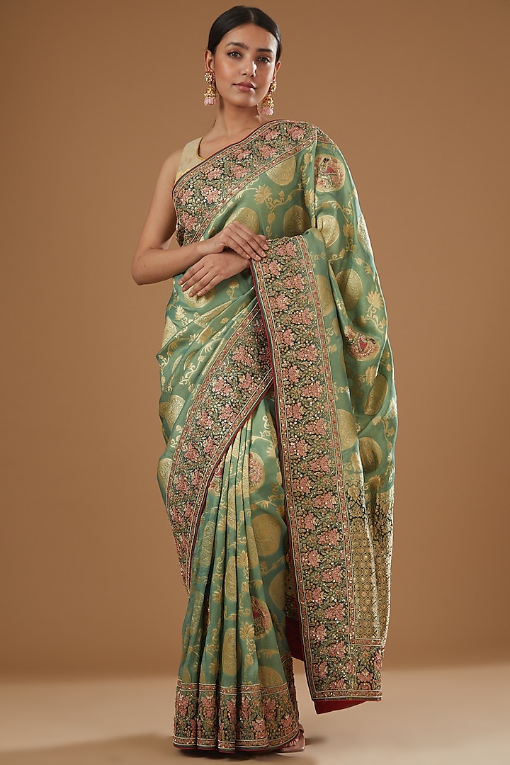 Mehendi Green Banarasi Tissue Embroidered Saree by TATWAMM Couture
