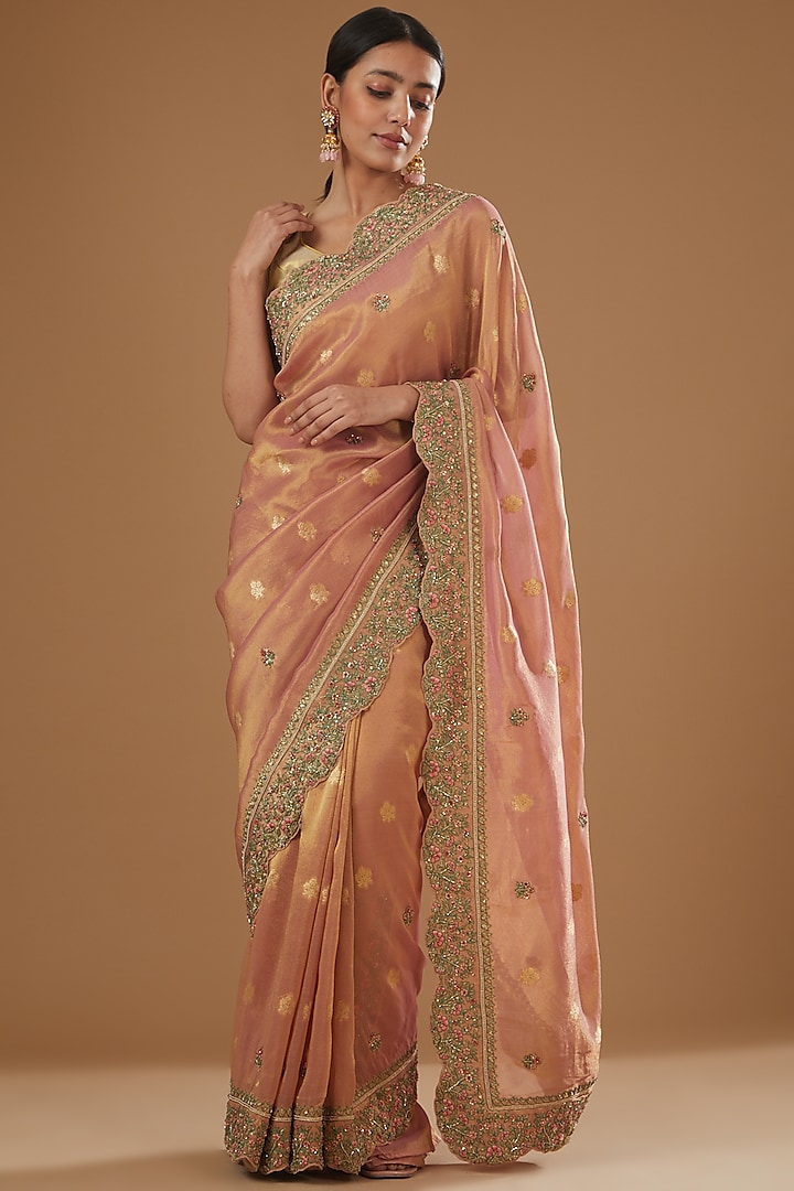 Blush Pink Banarasi Tissue Hand Embroidered Saree by TATWAMM Couture