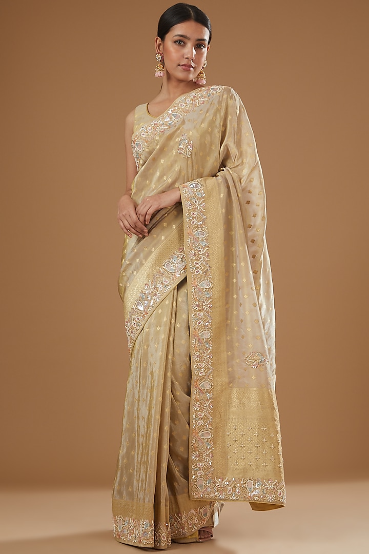 Grey Banarasi Tissue Embroidered Saree by TATWAMM Couture