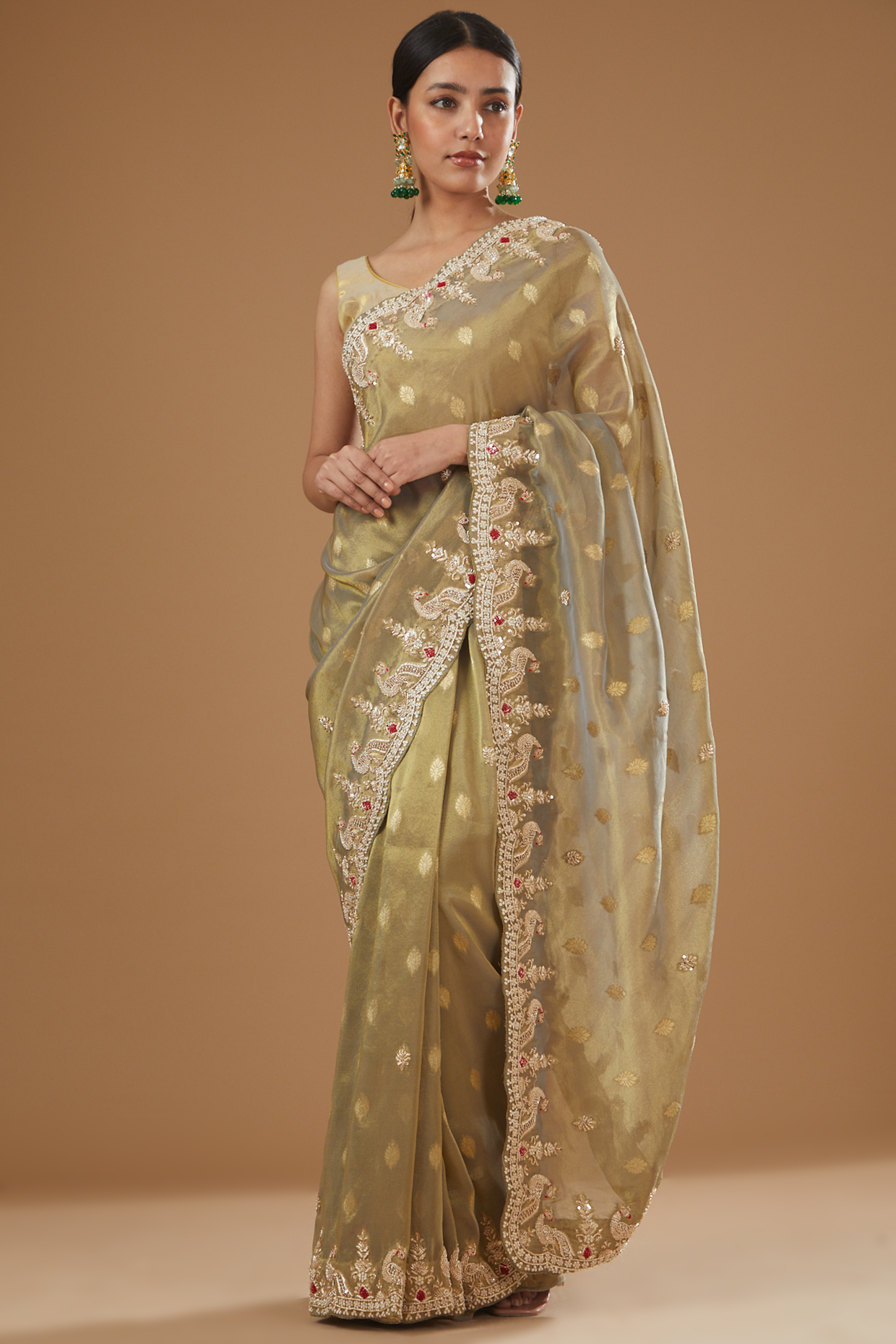 Grey Banarasi Tissue Hand Embroidered Saree by TATWAMM Couture