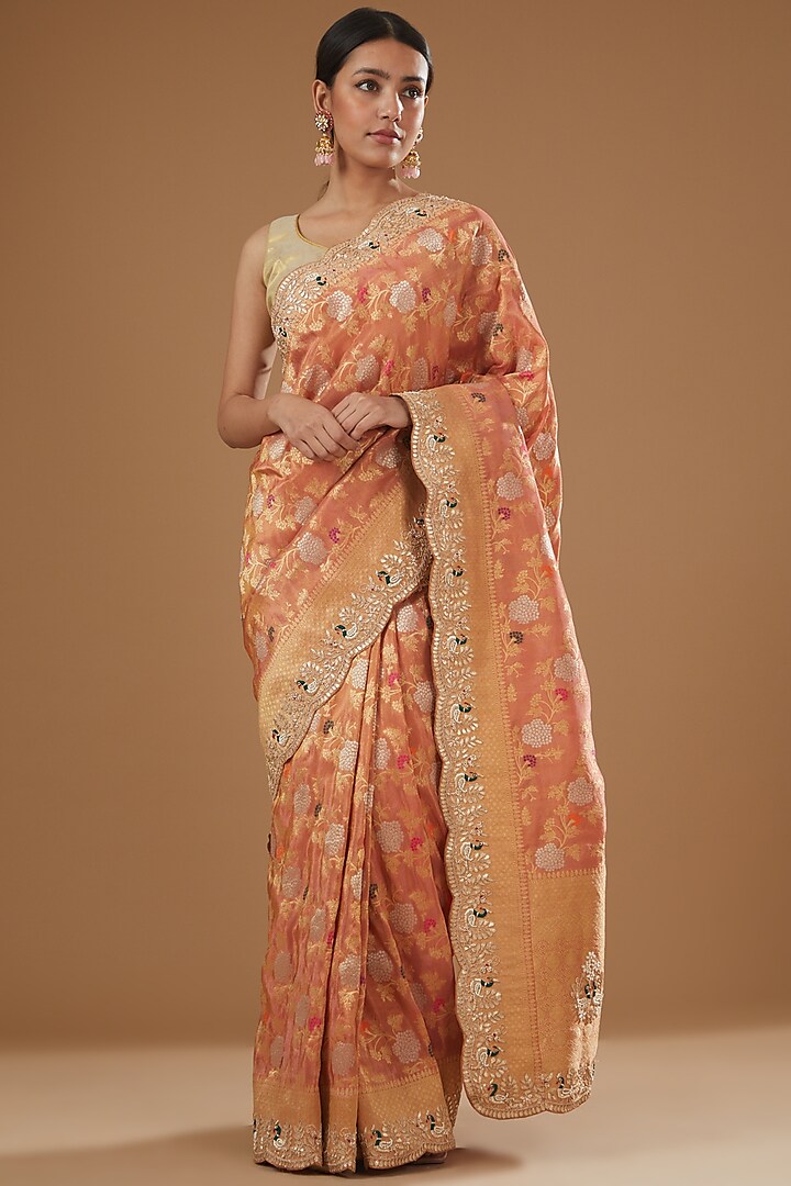 Peach Banarasi Tissue Embroidered Saree by TATWAMM Couture