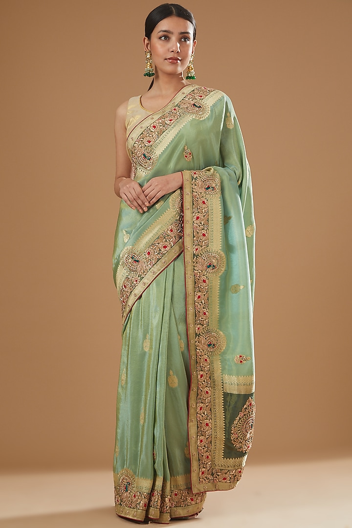 Green Banarasi Tissue Embroidered Saree by TATWAMM Couture
