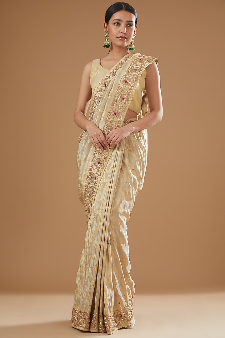 Grey Banarasi Tissue Hand Embroidered Saree by TATWAMM Couture