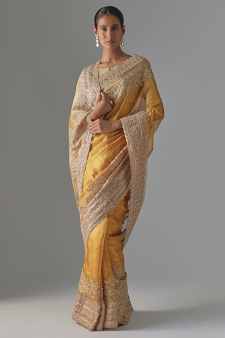 Gold Kanjivaram Tissue Zardosi Hand Work Reception Saree Set by TATWAMM Couture at Pernia's Pop Up Shop