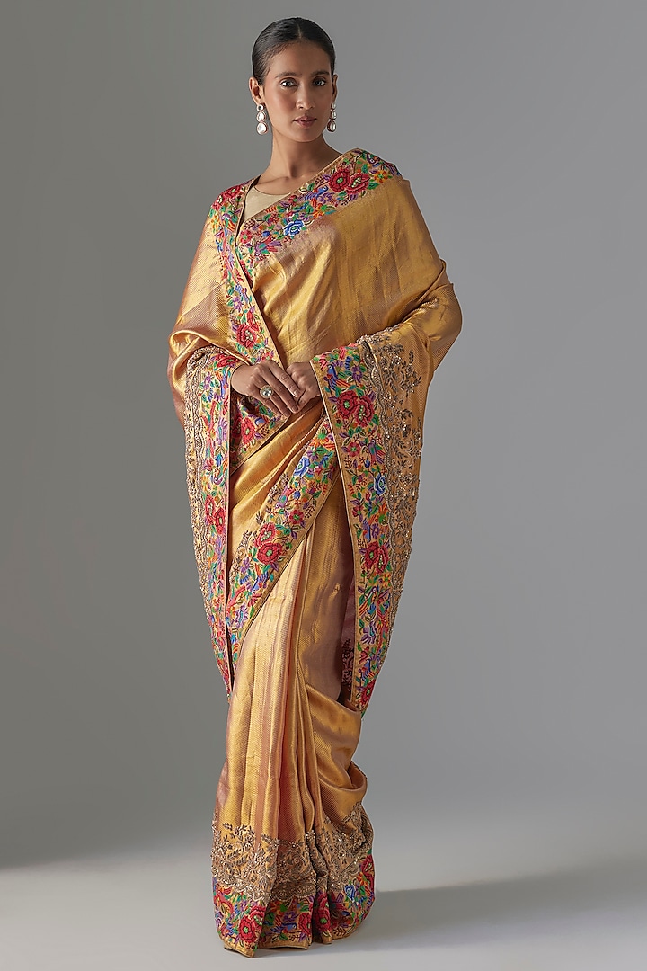Gold Kanjivaram Zardosi Hand Work Reception Saree Set by TATWAMM Couture at Pernia's Pop Up Shop