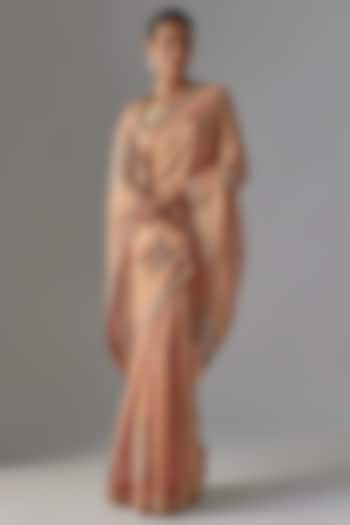 Peach Tissue Zardosi Hand Work Wedding Saree Set by TATWAMM Couture at Pernia's Pop Up Shop