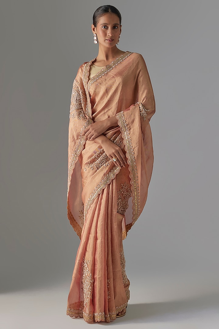 Peach Tissue Zardosi Hand Work Wedding Saree Set by TATWAMM Couture at Pernia's Pop Up Shop