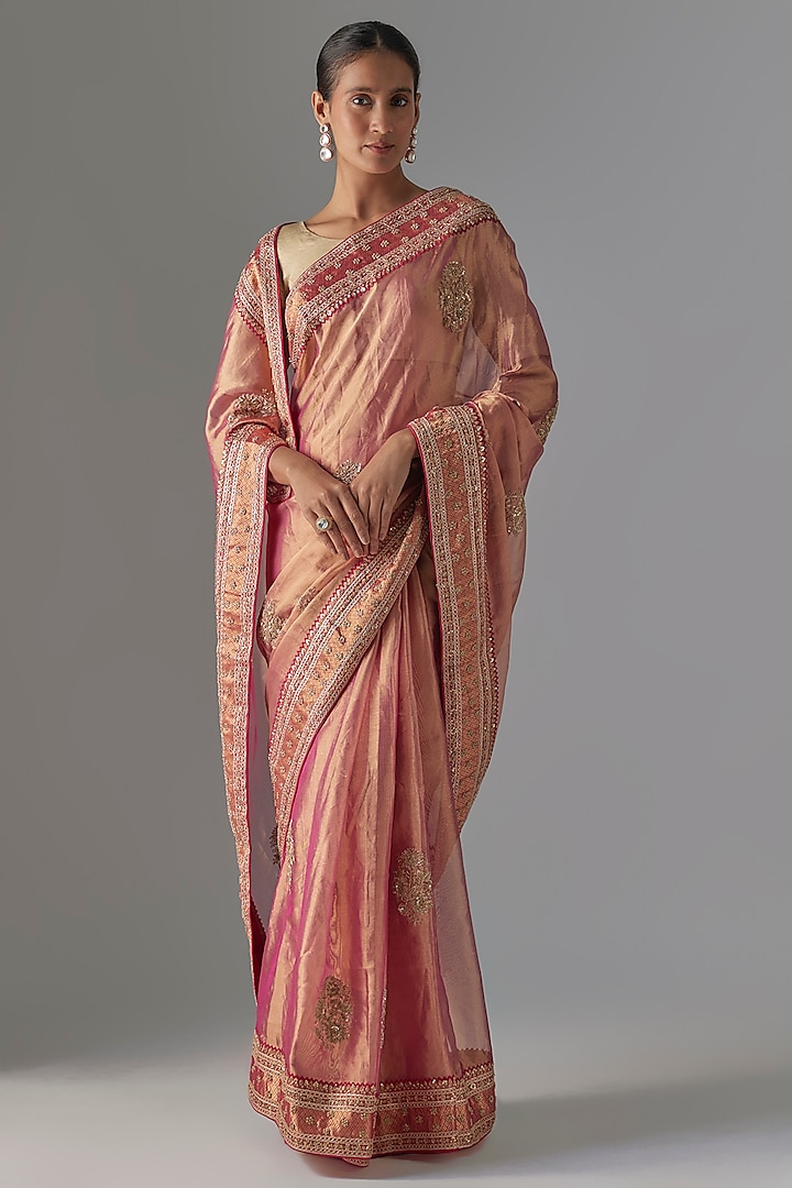 Pink Tissue Zardosi Hand Work Wedding Saree Set by TATWAMM Couture at Pernia's Pop Up Shop