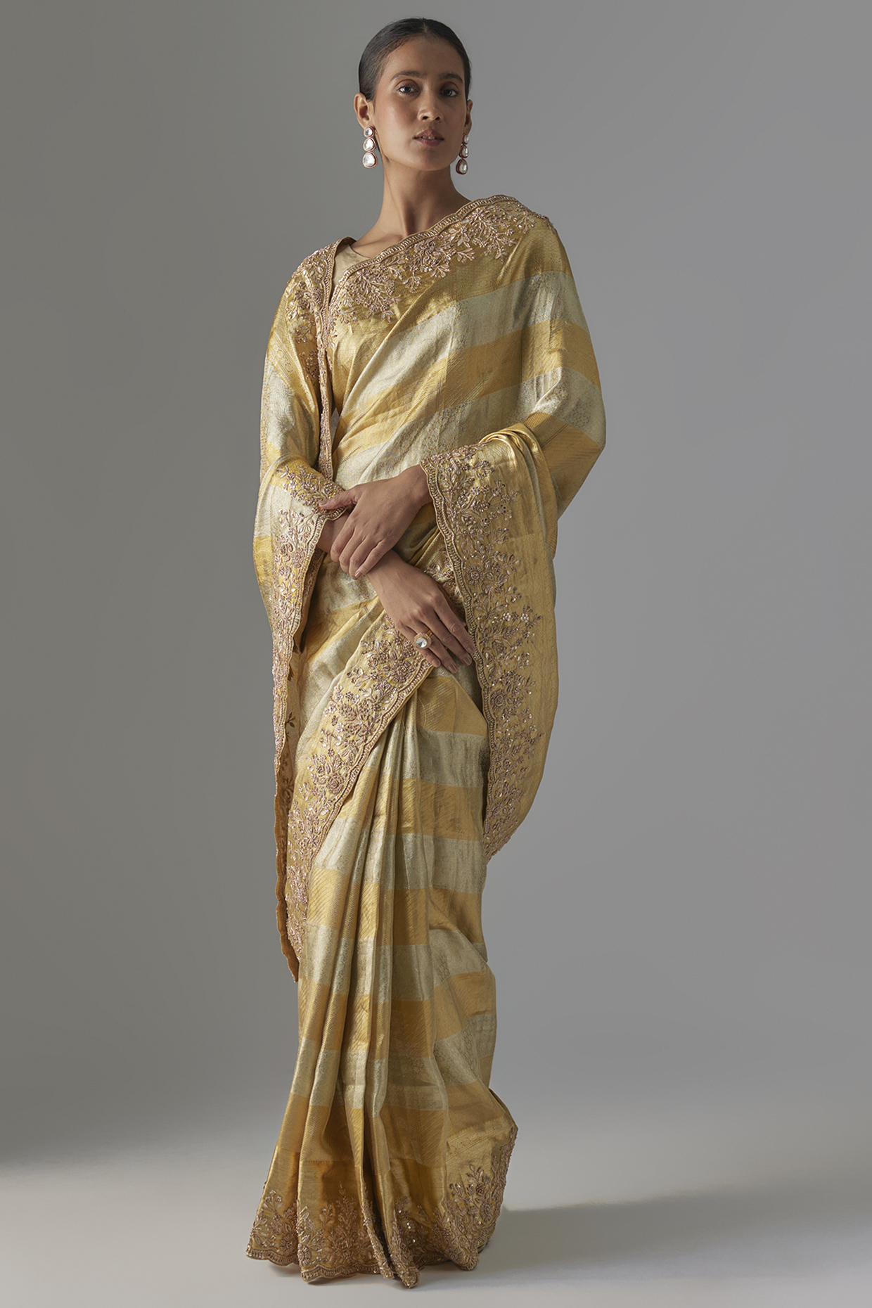 Gold & Silver Kanjivaram Zardosi Hand Work Wedding Saree Set by TATWAMM Couture at Pernia's Pop Up Shop