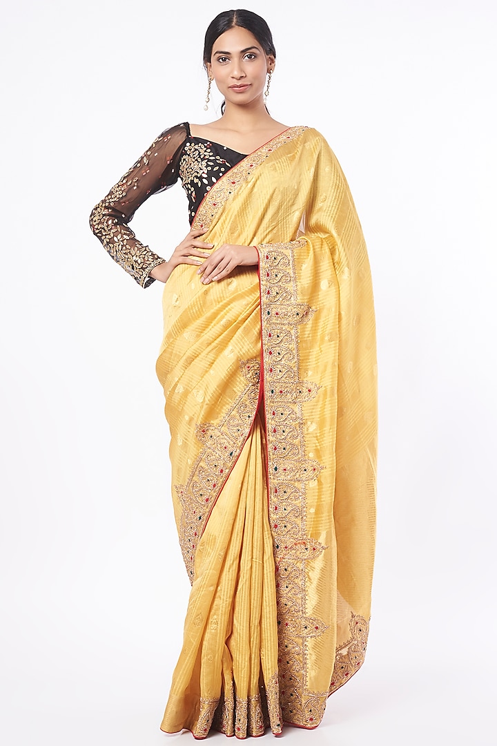 Citrus Yellow Embroidered Saree by TATWAMM Couture