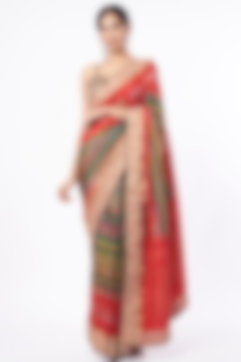 Cadmium Red Printed & Embroidered Silk Saree by TATWAMM Couture