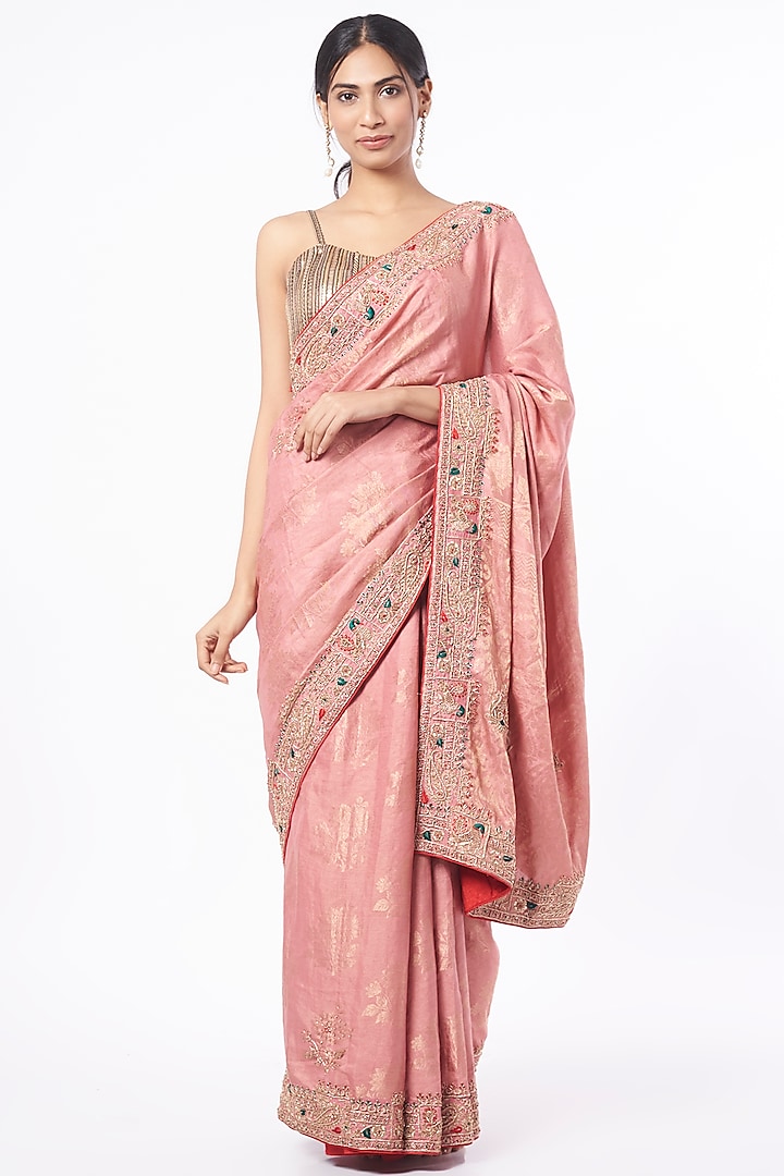 Salmon Pink Embroidered Silk Saree by TATWAMM Couture