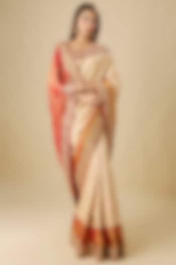 Beige & Red Silk Zardosi Embroidered Kanjivaram Reception Saree Set by TATWAMM Couture at Pernia's Pop Up Shop