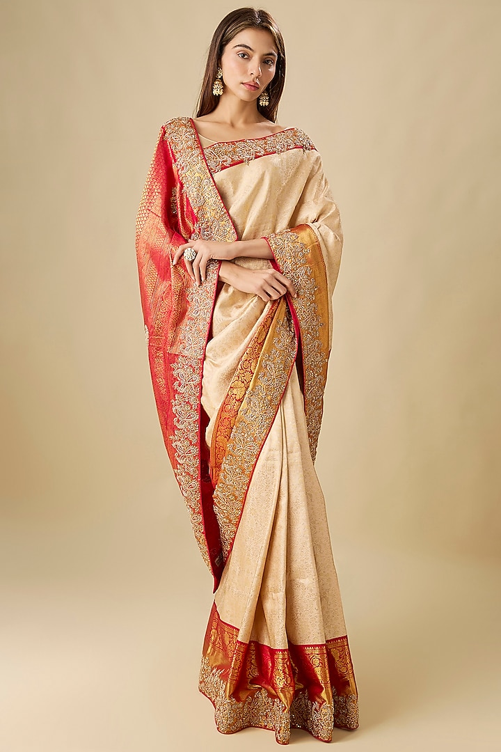 Beige & Red Silk Zardosi Embroidered Kanjivaram Reception Saree Set by TATWAMM Couture at Pernia's Pop Up Shop
