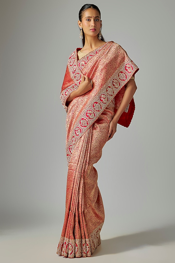 Red Brocade Reception Saree Set by TATWAMM By Abhishek & Vinita at Pernia's Pop Up Shop