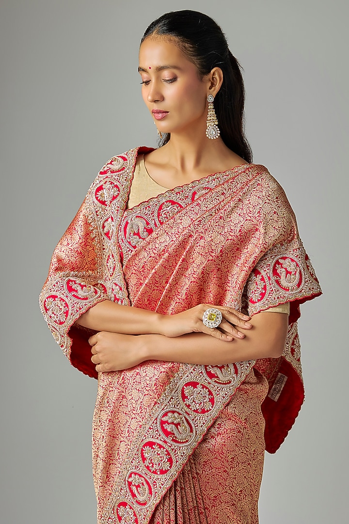Red Brocade Reception Saree Set by TATWAMM By Abhishek & Vinita at Pernia's Pop Up Shop