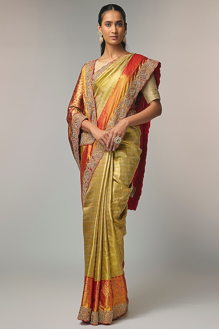 Golden Kanjivaram Wedding Saree Set by TATWAMM By Abhishek & Vinita at Pernia's Pop Up Shop
