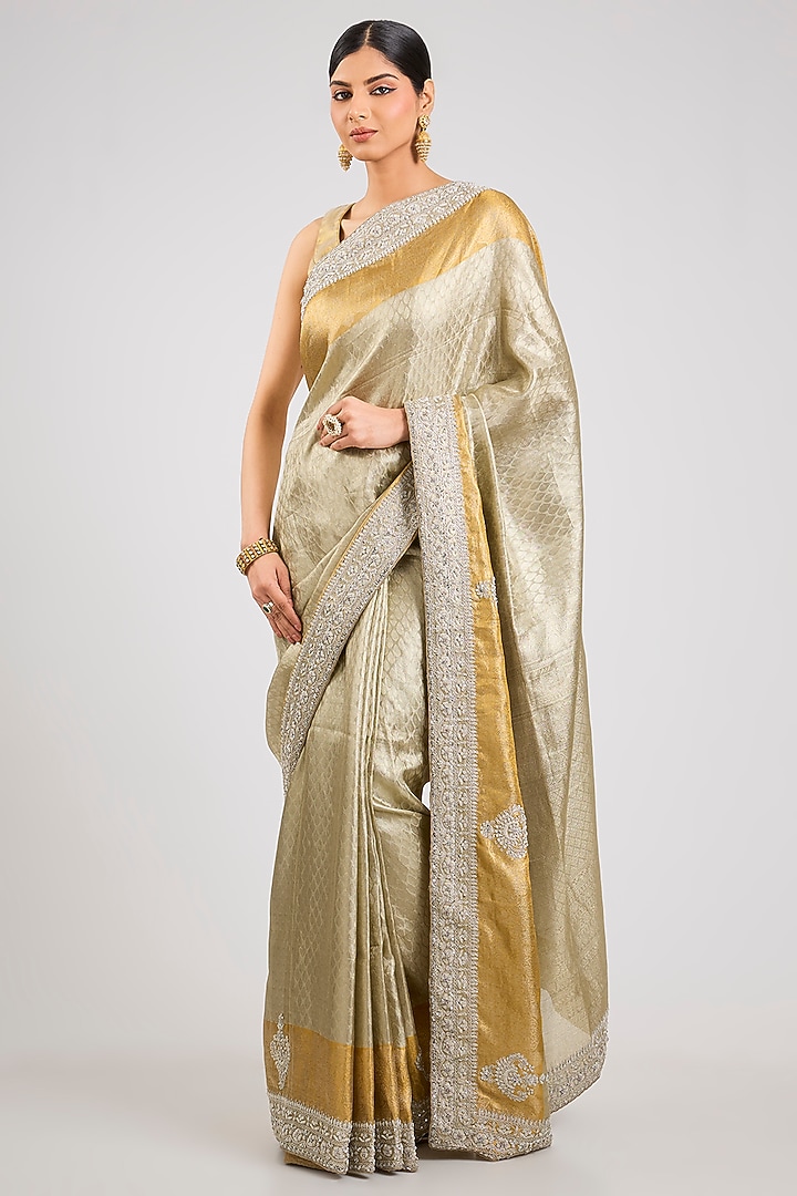 Gold & Silver Kanchipuram Tissue Silk Reception Saree Set by TATWAMM By Abhishek & Vinita at Pernia's Pop Up Shop