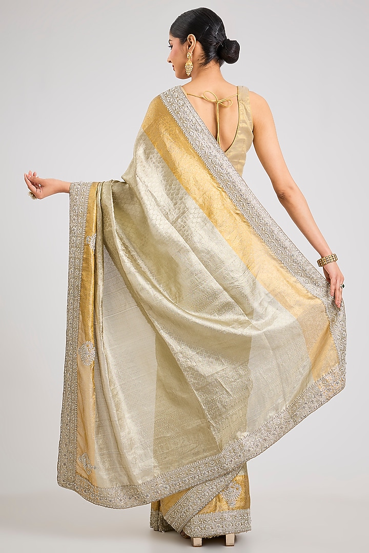 Gold & Silver Kanchipuram Tissue Silk Reception Saree Set by TATWAMM By Abhishek & Vinita at Pernia's Pop Up Shop
