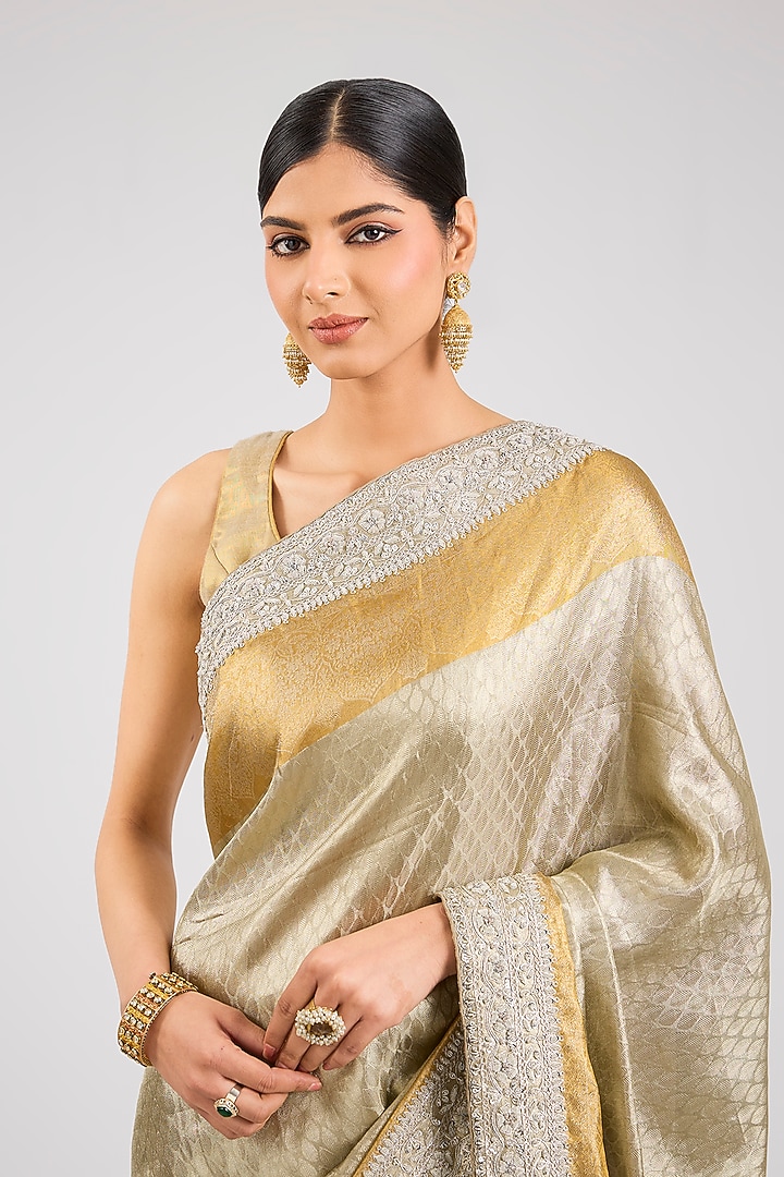 Gold & Silver Kanchipuram Tissue Silk Reception Saree Set by TATWAMM By Abhishek & Vinita at Pernia's Pop Up Shop