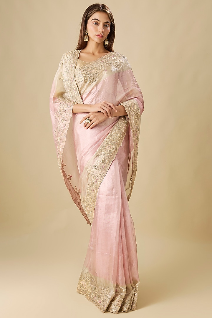Pink Kanjivaram Tissue Zardosi Work Reception Saree Set by TATWAMM Couture at Pernia's Pop Up Shop
