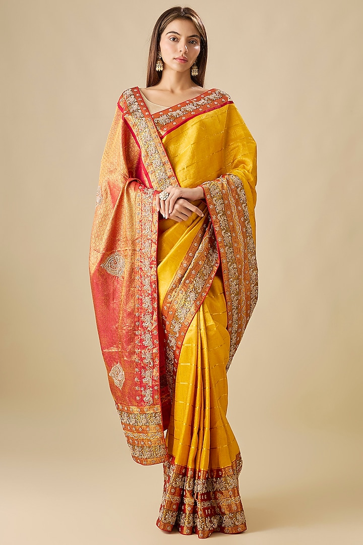 Mustard Yellow Silk Zardosi Work Kanjivaram Reception Saree Set by TATWAMM Couture at Pernia's Pop Up Shop