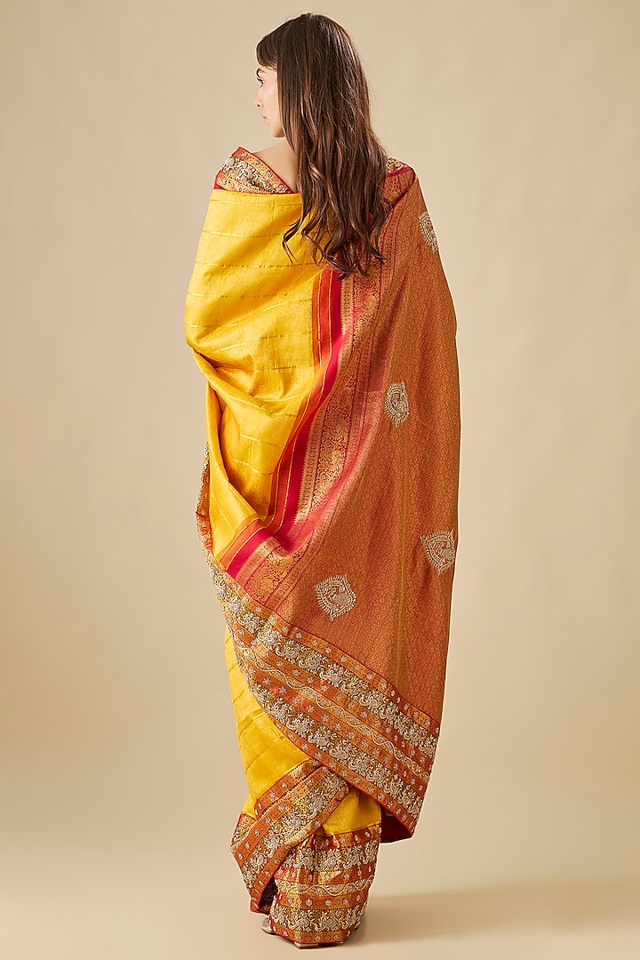 Mustard Yellow Silk Zardosi Work Kanjivaram Reception Saree Set by TATWAMM By Abhishek & Vinita at Pernia's Pop Up Shop