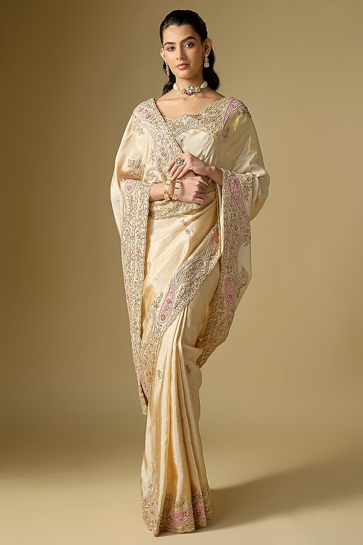 Beige Tissue Silk Reception Saree Set by TATWAMM By Abhishek & Vinita at Pernia's Pop Up Shop