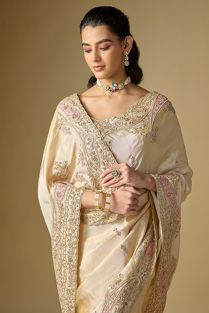 Beige Tissue Silk Reception Saree Set by TATWAMM By Abhishek & Vinita at Pernia's Pop Up Shop