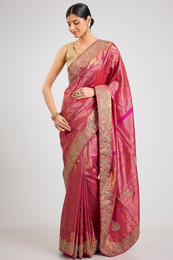 Pink Kanjeevaram Silk Reception Saree Set by TATWAMM By Abhishek & Vinita at Pernia's Pop Up Shop