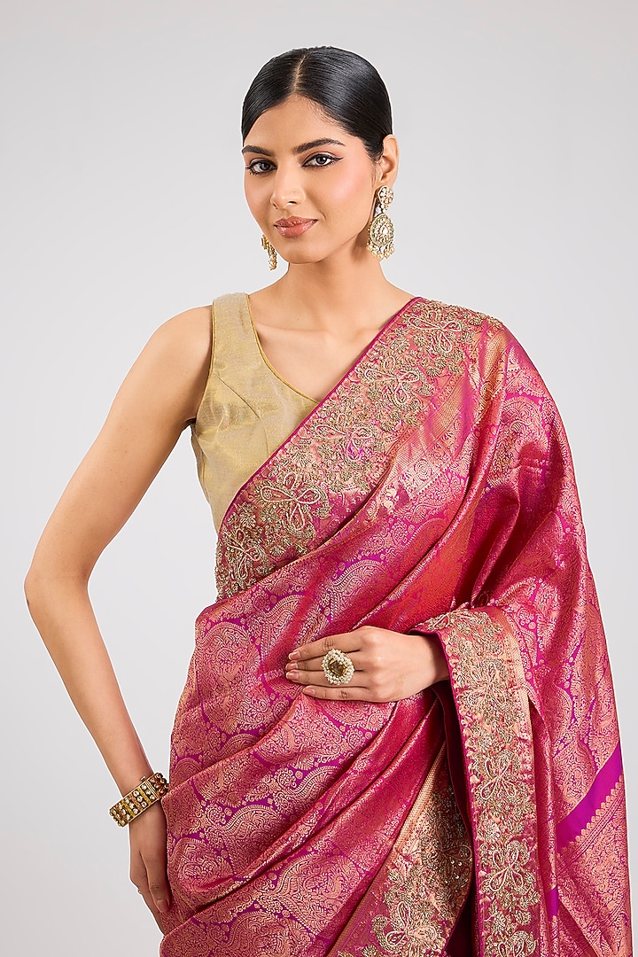 Pink Kanjeevaram Silk Reception Saree Set by TATWAMM By Abhishek & Vinita at Pernia's Pop Up Shop