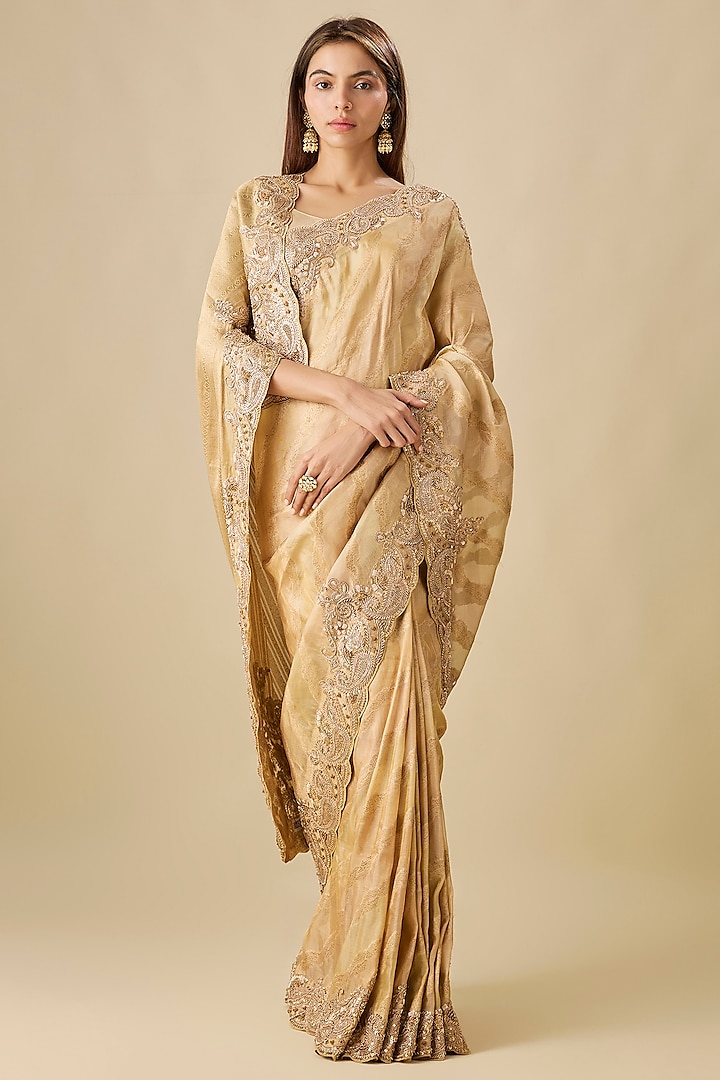 Gold Tissue Zardosi Work Reception Saree Set by TATWAMM Couture at Pernia's Pop Up Shop