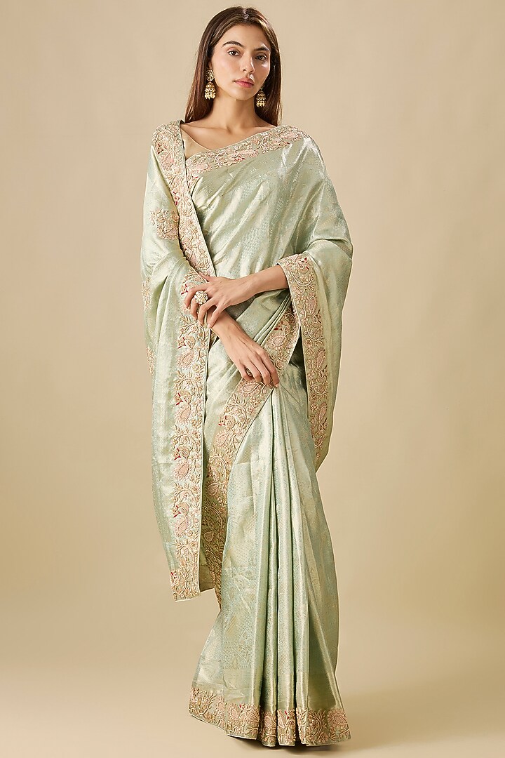Green Silk Zardosi Embroidered Kanjivaram Wedding Saree Set by TATWAMM Couture at Pernia's Pop Up Shop