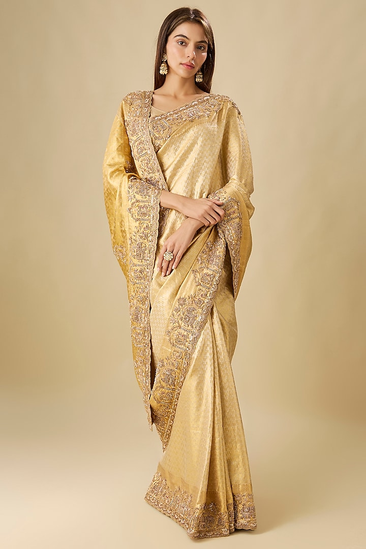 Gold Kanjivaram Zardosi Work Reception Saree Set by TATWAMM Couture at Pernia's Pop Up Shop