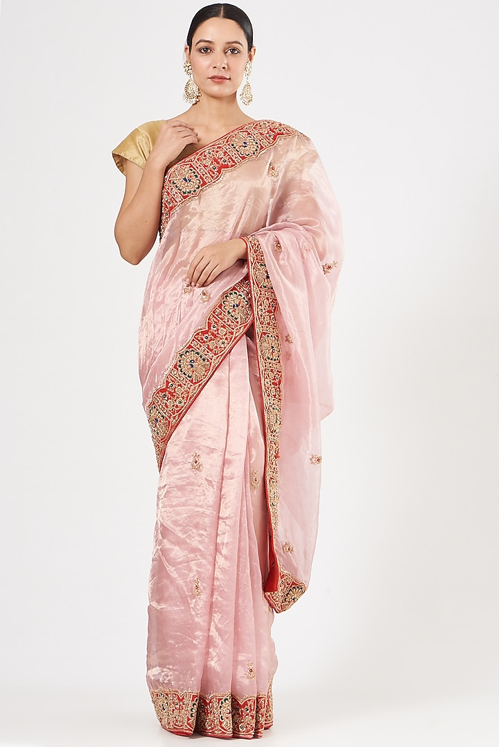 Blush Pink Applique Embroidered Saree by TATWAMM Couture
