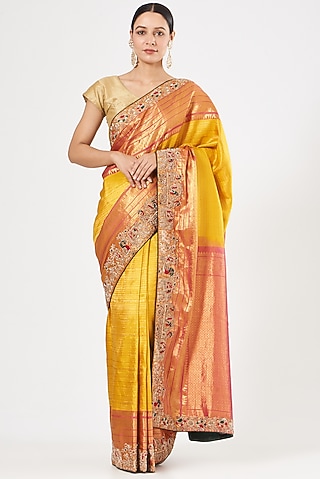 Yellow Kanchipuram Saree by TATWAMM By Abhishek & Vinita