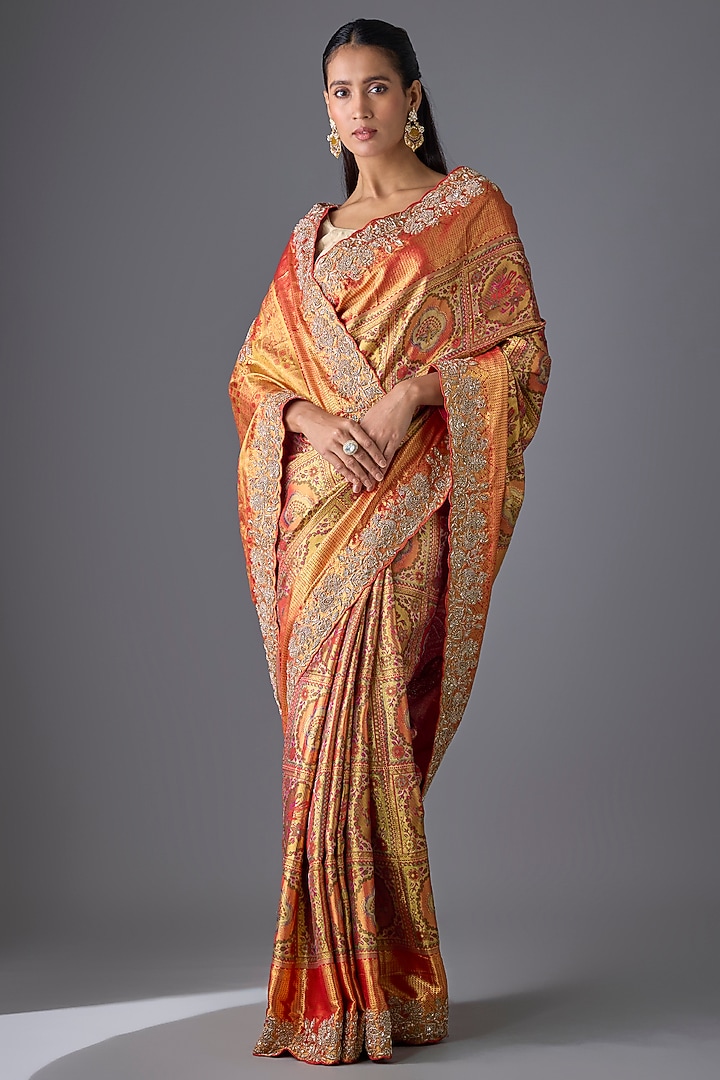Gold Silk Zardosi Work Kanjivaram Wedding Saree Set by TATWAMM Couture at Pernia's Pop Up Shop