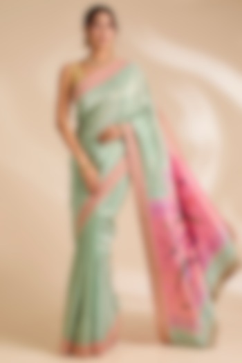 Pink & Light Blue Paithani Silk Reception Saree Set by TATWAMM By Abhishek & Vinita at Pernia's Pop Up Shop