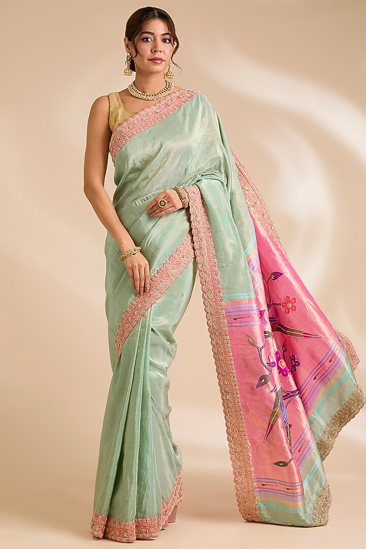 Pink & Light Blue Paithani Silk Reception Saree Set by TATWAMM By Abhishek & Vinita at Pernia's Pop Up Shop