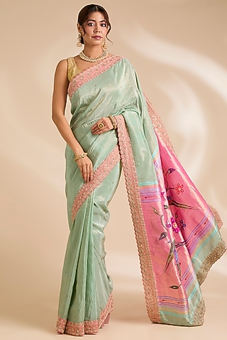 Pink & Light Blue Paithani Silk Saree Set by TATWAMM By Abhishek & Vinita