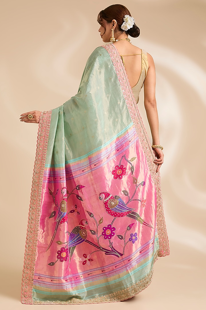 Pink & Light Blue Paithani Silk Reception Saree Set by TATWAMM By Abhishek & Vinita at Pernia's Pop Up Shop