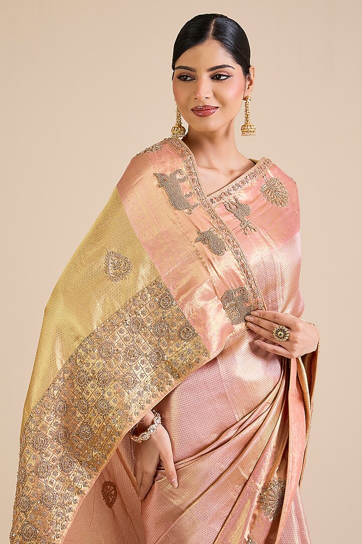 Peachish Pink Kanjivaram Reception Saree Set by TATWAMM By Abhishek & Vinita at Pernia's Pop Up Shop