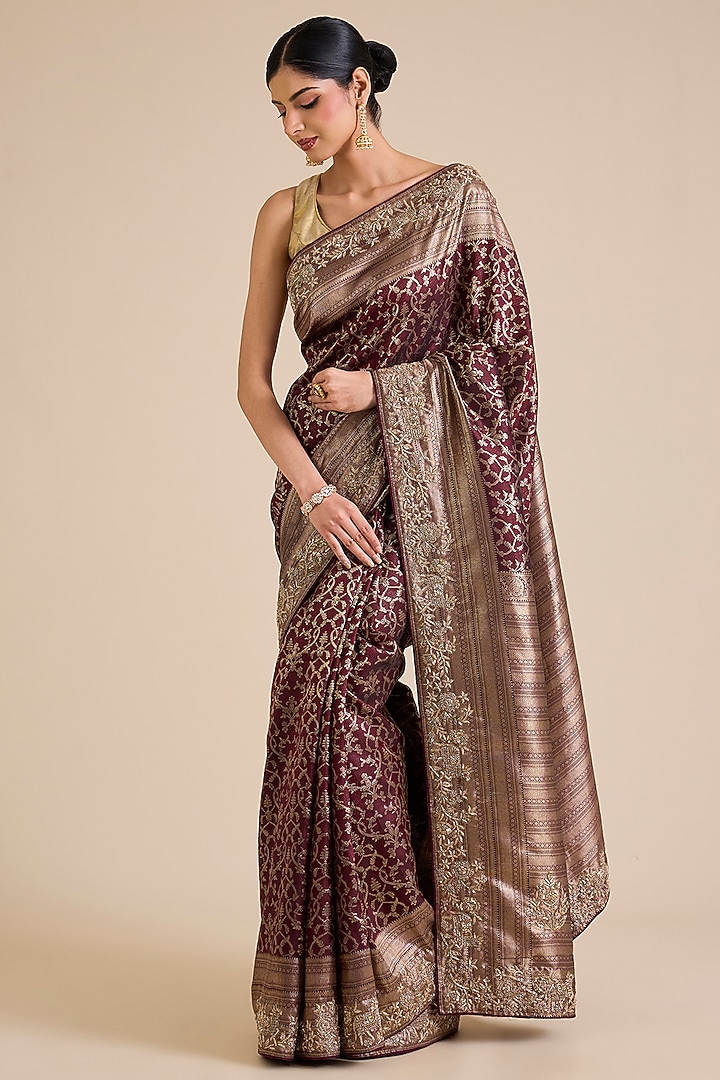 Maroon Kanjivaram Wedding Saree Set by TATWAMM By Abhishek & Vinita at Pernia's Pop Up Shop